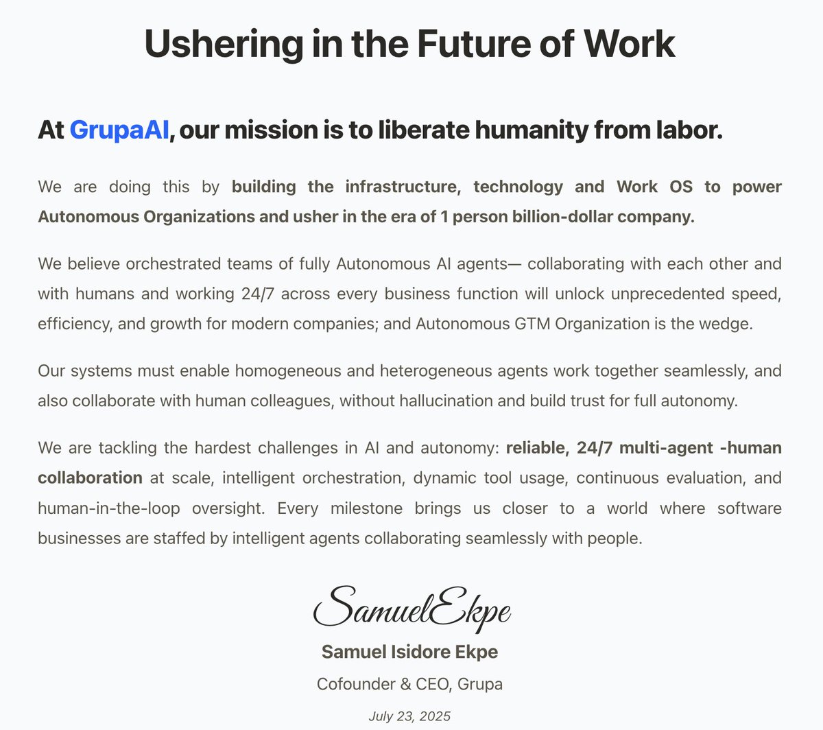 samuelekpe's tweet image. We are unveiling @grupa_ai, a new AI lab focused on the future of work in Palo Alto, in August.