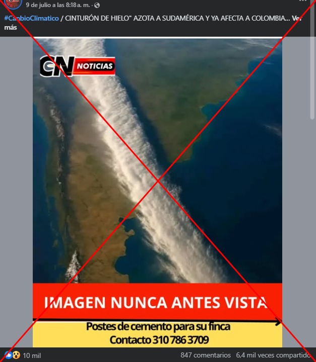AfpFactual's tweet image. 🇪🇨 🇨🇴 ¿Esta imagen muestra un “cinturón de hielo” que atraviesa Sudamérica y está afectando el clima en Colombia y Ecuador?
❌ No, la imagen presenta indicios de haber sido creada digitalmente y en ninguna foto satelital se observa ese fenómeno.
➡️ u.afp.com/CinturónHielo