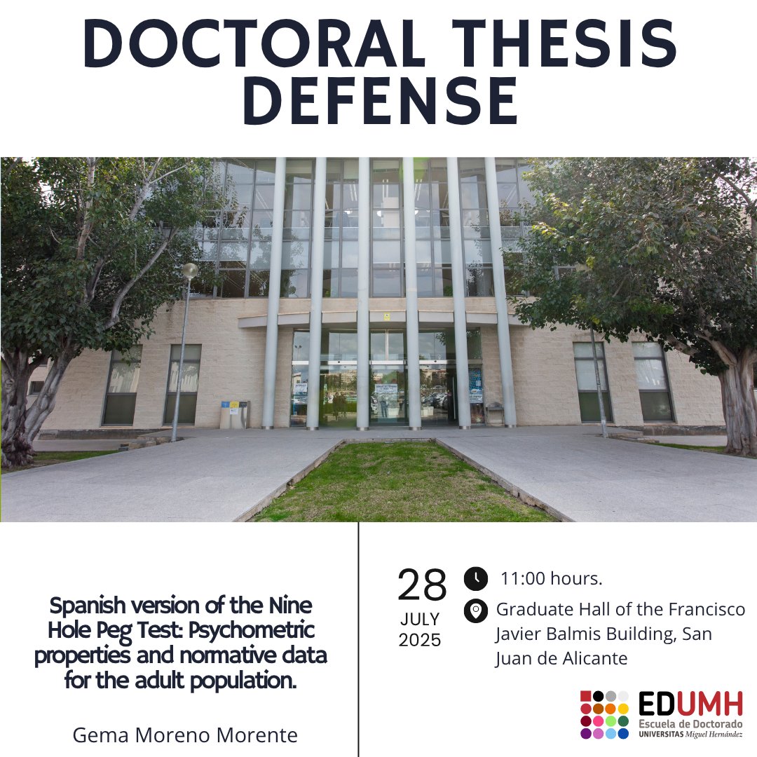 🎓 Gema Moreno Morente defends her thesis:
 “Spanish version of the Nine Hole Peg Test: Psychometric properties and normative data for the adult population.”
#ThesisDefense #UMHDoctorate #Psychometrics #Neurorehabilitation #NineHolePegTest #EDUMH