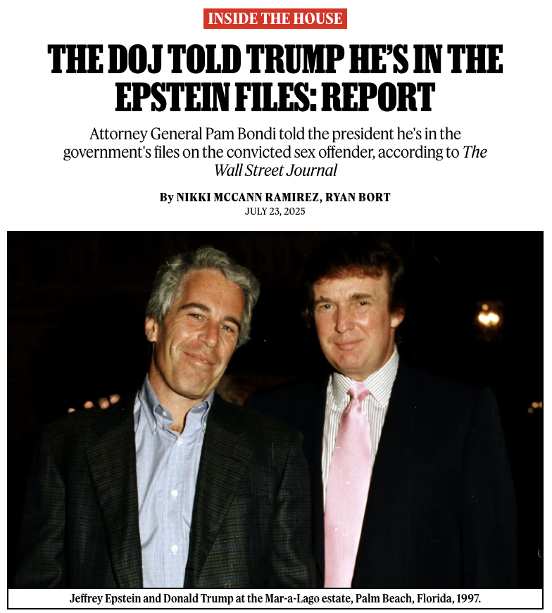 Trump's name appears in the files multiple times.

Attorney General Pam Bondi informed Trump that his name appears in the files during a meeting at the White House in May.

More: rollingstone.com/politics/polit…