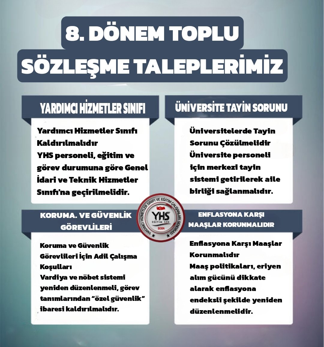 📌 8. Dönem Toplu Sözleşme Taleplerimiz

1️⃣ Yardımcı Hizmetler Sınıfı Kaldırılmalıdır
YHS personeli, eğitim ve görev durumuna göre Genel İdari ve Teknik Hizmetler Sınıfı'na geçirilmelidir.

2️⃣ Üniversitelerde Tayin Sorunu Çözülmelidir
Üniversite personeli için merkezi tayin
