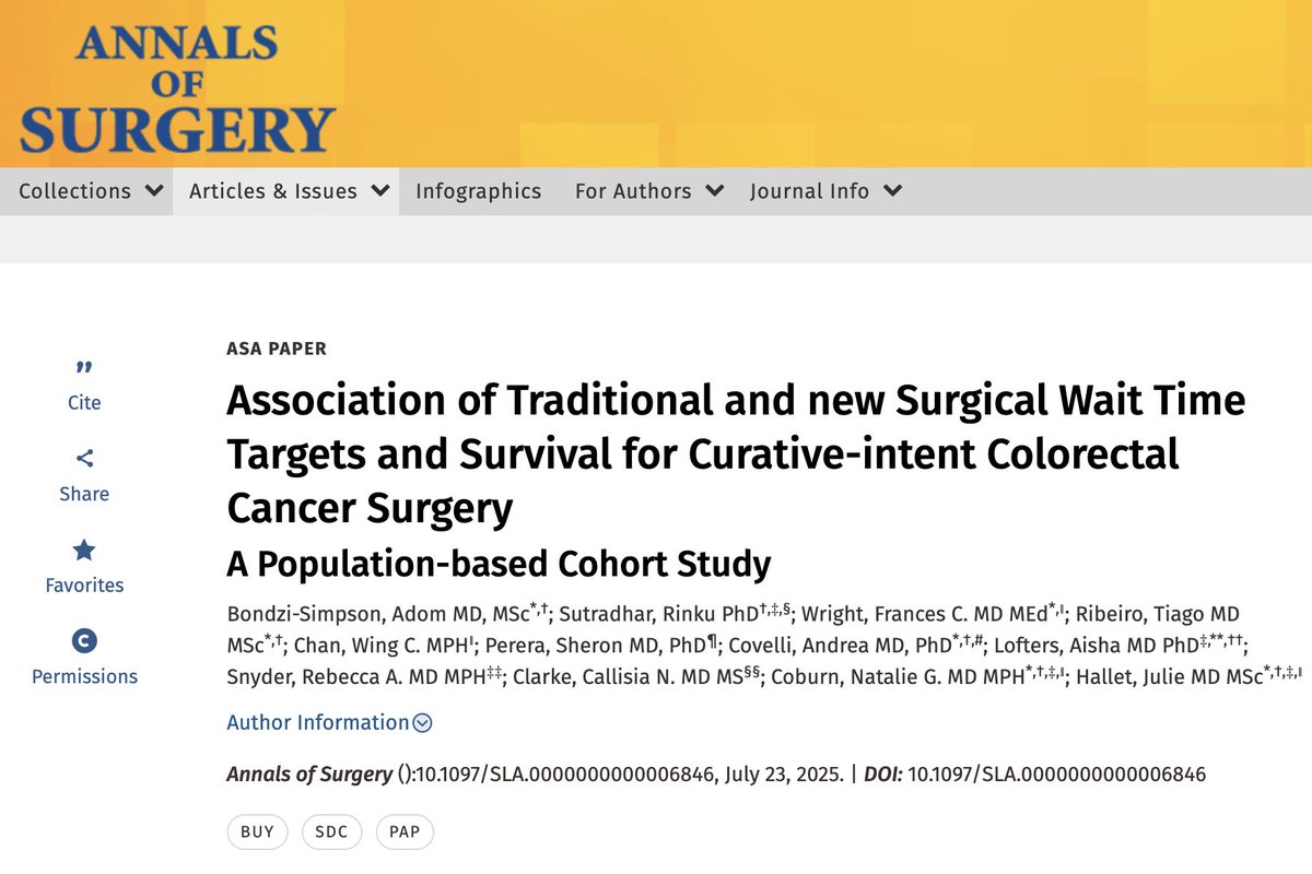 Adom Bondzi-Simpson, MD, MSc (@bondzi23) on Twitter photo 🆕 <a href="/AnnalsofSurgery/">Annals of Surgery</a> ‼️
We examined Wait Time targets in CRC surgery in 🇨🇦
Meeting traditional targets (<28 days) isn't linked to better survival. But a new data-driven target (<45 days) is.
Time for an update? ⌛️
📄 doi.org/10.1097/SLA.00…
<a href="/HalletJulie/">Julie Hallet</a> <a href="/UofTSurgery/">U of T Department of Surgery</a>
#Surgery 🆕 <a href="/AnnalsofSurgery/">Annals of Surgery</a> ‼️
We examined Wait Time targets in CRC surgery in 🇨🇦
Meeting traditional targets (<28 days) isn't linked to better survival. But a new data-driven target (<45 days) is.
Time for an update? ⌛️
📄 doi.org/10.1097/SLA.00…
<a href="/HalletJulie/">Julie Hallet</a> <a href="/UofTSurgery/">U of T Department of Surgery</a>
#Surgery