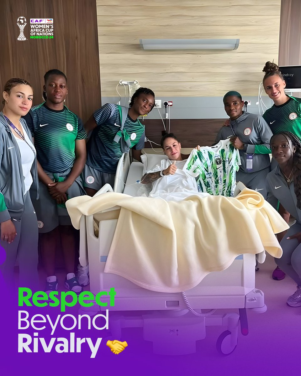 CAFwomen's tweet image. Rivalry on the pitch, respect off it. 🙌
The Super Falcons visited Gabriela Salgado to wish her a speedy recovery.
#TotalEnergiesWAFCON2024 | #BornWinners