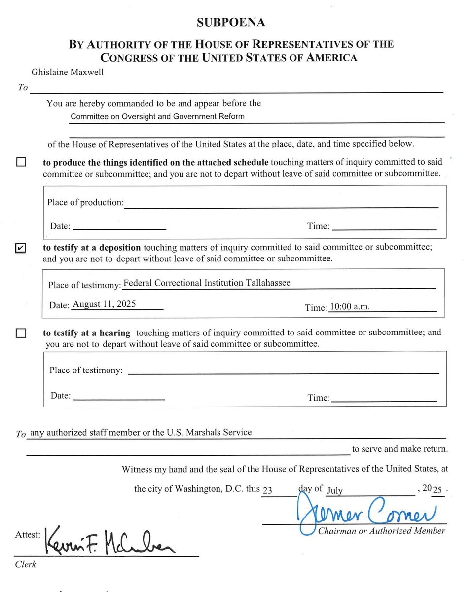 JohnBasham's tweet image. BREAKING: House Oversight Chairman @RepJamesComer HAS ISSUED A SUBPOENA TO GHISLAINE MAXWELL TO TESTIFY UNDER OATH On The Epstein Case. Her Deposition Will Occur In Prison At The Federal Correctional Institution Tallahassee, Florida On August 11th.