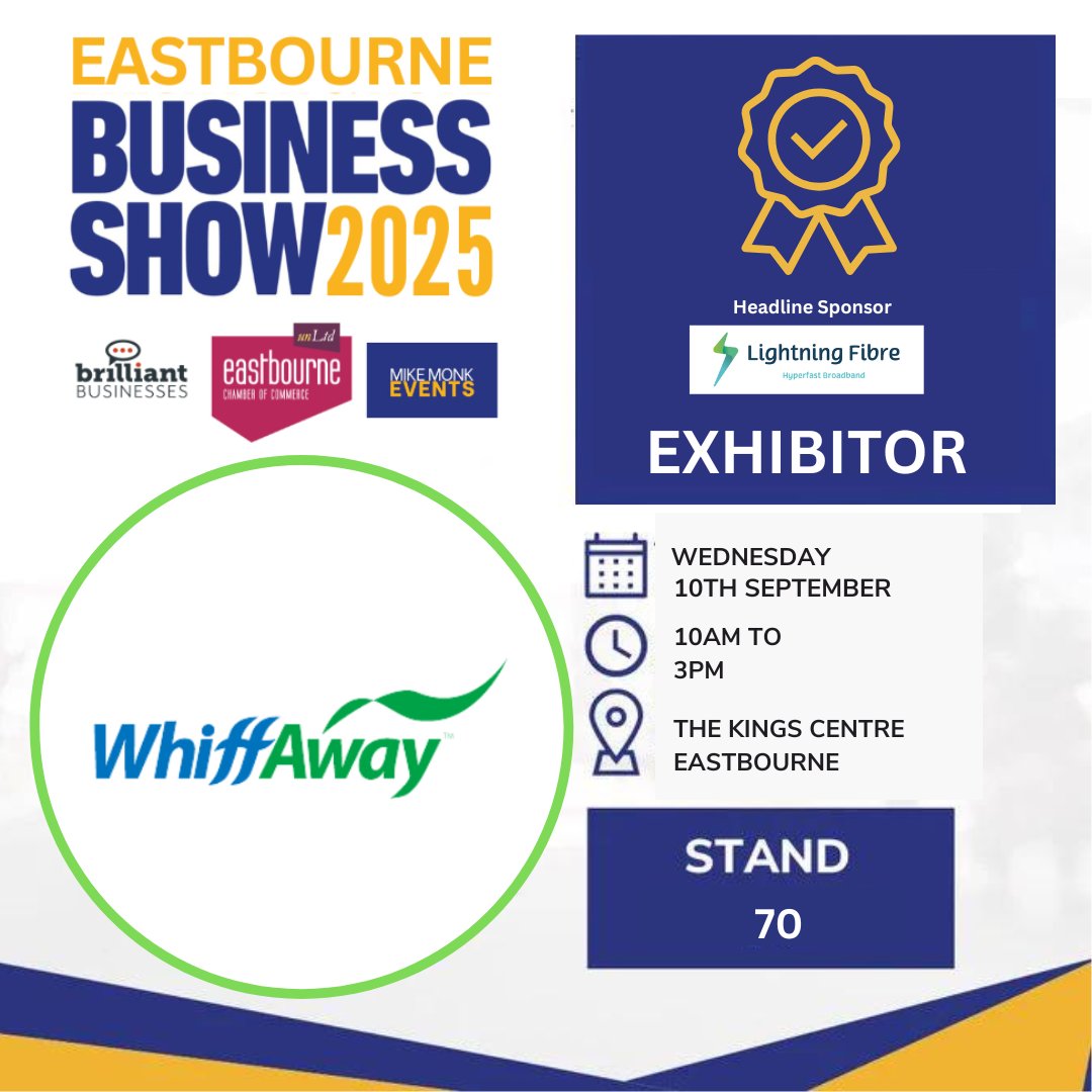 Meet WhiffAway <a href="/WhiffAway/">WhiffAway</a> at Eastbourne Business Show in September. To book one of the last stands, visit: tinyurl.com/45bnsyfs. To register for a free visitor pass, go to: tinyurl.com/x4u627kz.   #Eastbourne #Sussex #tradeshow