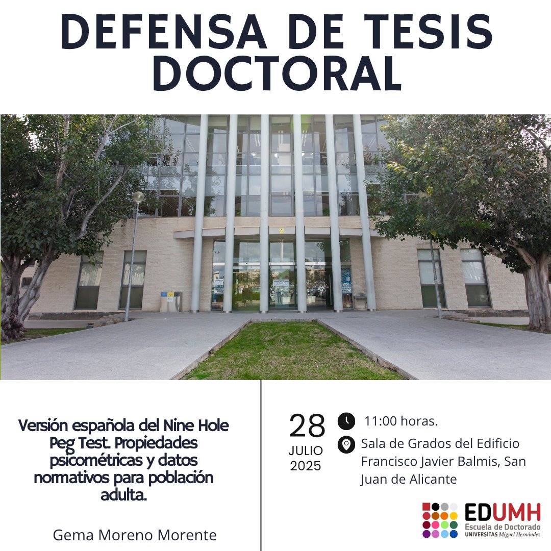 Gema Moreno Morente defiende su tesis:
 “Versión española del Nine Hole Peg Test. Propiedades psicométricas y datos normativos para población adulta.”
#DefensaTesis #DoctoradoUMH #Psicometría #Neurorehabilitación #NineHolePegTest #EDUMH