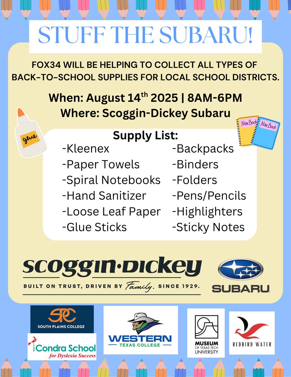 🤩STUFF THE SUBARU🤩

We need YOUR help collecting all types of Back-To-School supplies for local school districts👏

✏️When: August 14th | 8AM-6PM
✏️Where: Scoggin-Dickey Subaru