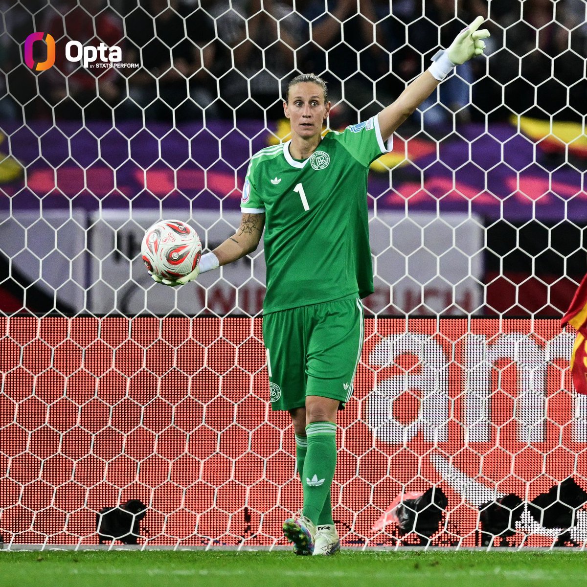 OptaJoe's tweet image. 20 - Ann-Katrin Berger has made more saves than any other goalkeeper at the 2025 UEFA Women's EURO (20), including saving each of the last 13 shots on target she's faced in the tournament. Wall. #WEURO2025