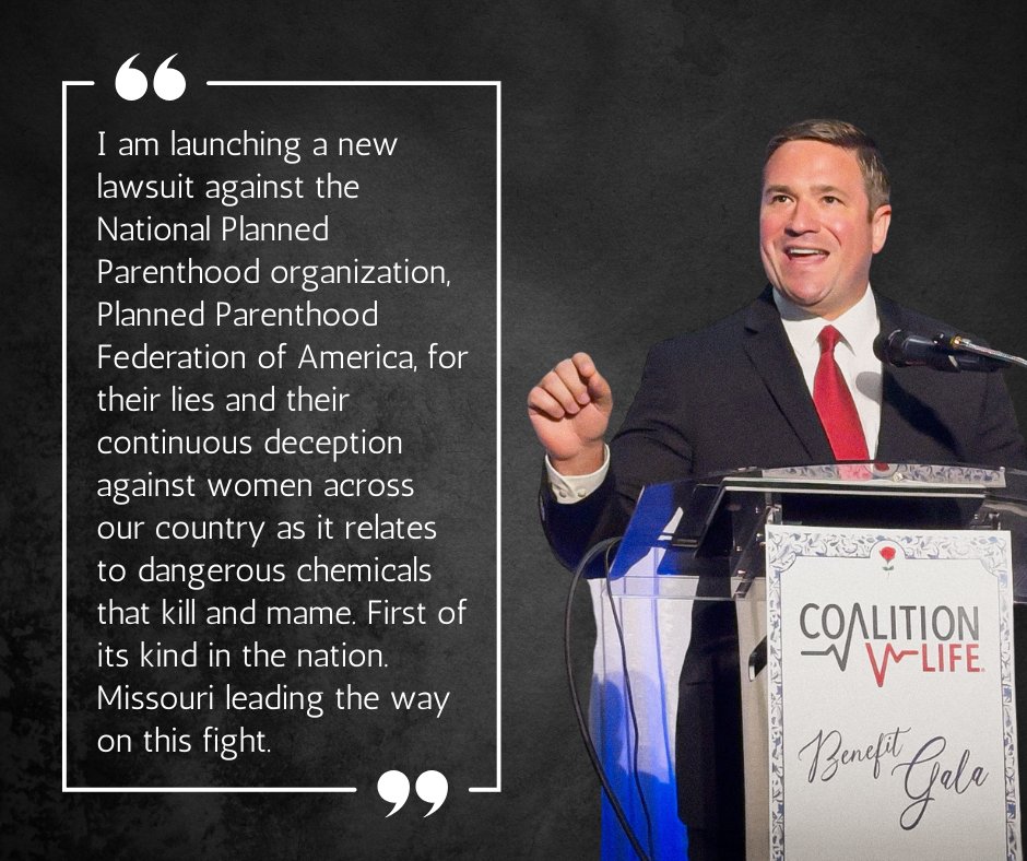 C4Life_STL's tweet photo. BREAKING: A Bold New Pro-Life Plan Unveiled in Missouri at Coalition Life's Gala

Last night, Missouri Attorney General Andrew Bailey took the stage with a powerful announcement that marks a turning point in the fight to protect life, liberty, and family in our state. The newly filed lawsuit is the first of its kind in the nation.

From pushing back against radical abortion amendments to standing firm for parental rights and medical safeguards, AG Bailey has proven to be a fearless advocate for Missouri families and the preborn.

His new plan lays out a bold vision to keep Missouri on the frontlines of the national battle for life—and we’re here for it. 

Watch the full announcement and join the movement: https://t.co/Ub90HfvkUB This is a declaration that Missouri will not back down.

Follow us. Share this. Stand with us. @AGandrewbailey

#ProLife #Missouri #AGBailey #CoalitionLife #DefendLife #ProLifeGeneration #ProtectThePreborn #ParentalRights #StopAmendment3