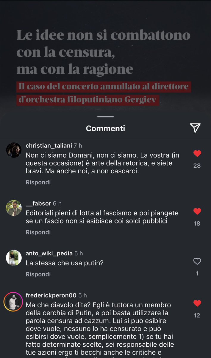 MatteoPugliese's tweet image. Per fortuna i lettori e follower di @DomaniGiornale hanno più buonsenso e logica di Mariano Croce, Prof di Filosofia politica autore di questo editoriale secondo cui #Gergiev doveva esibirsi senza “censura”: un esercizio di retorica contorta e posa intellettuale fine a sé stessa.