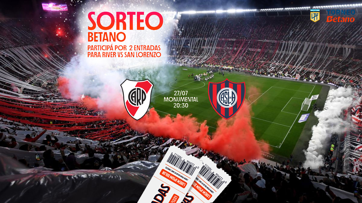 🎟️ ¡Se van 2 plateas para el clásico del domingo: River vs San Lorenzo!

Para participar, solo tenés que dar RT, like y estar registrado en Betano. ¡Así de fácil!

📅 Se sortea el jueves 24 a la noche en directo.