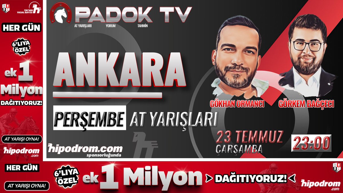 Padok TV (@tvpadok) on Twitter photo Hipodrom.com Sponsorluğundaki Ankara yayınımızda;
Moderatör: Görkem Bağçeci
Yorumcu: Gökhan Ormancı
An itibari ile canlı yayınımız başlamıştır.
<a href="/01goko/">Gökhan Ormancı</a> <a href="/GorkemBagceci/">Görkem Bağçeci</a> <a href="/hakann_cakmakk/">Hakan Çakmak</a> <a href="/IsgorenNaim/">Naim İşgören</a>
youtube.com/live/0Anc2HiwW… Hipodrom.com Sponsorluğundaki Ankara yayınımızda;
Moderatör: Görkem Bağçeci
Yorumcu: Gökhan Ormancı
An itibari ile canlı yayınımız başlamıştır.
<a href="/01goko/">Gökhan Ormancı</a> <a href="/GorkemBagceci/">Görkem Bağçeci</a> <a href="/hakann_cakmakk/">Hakan Çakmak</a> <a href="/IsgorenNaim/">Naim İşgören</a>
youtube.com/live/0Anc2HiwW…