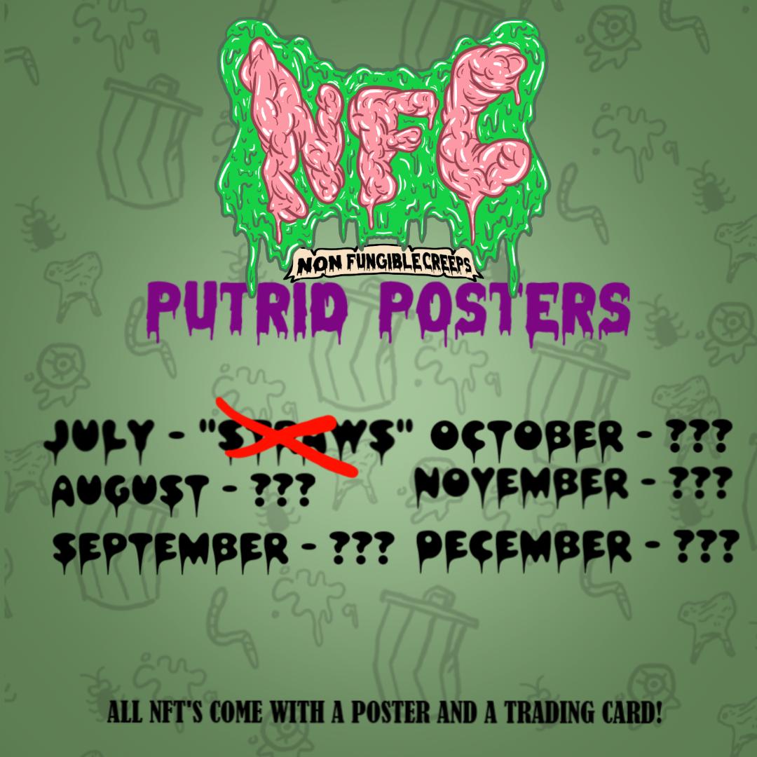 NFCreeps's tweet image. Get your Eth ready...the next NFC: Putrid Poster Pack drops 8/1
🤮 Drops 8/1
🤮 0.02 Eth
🤮 NFT includes a poster and trading card
🤮 All signed
Raffle after mint out for other prizes for holders only!