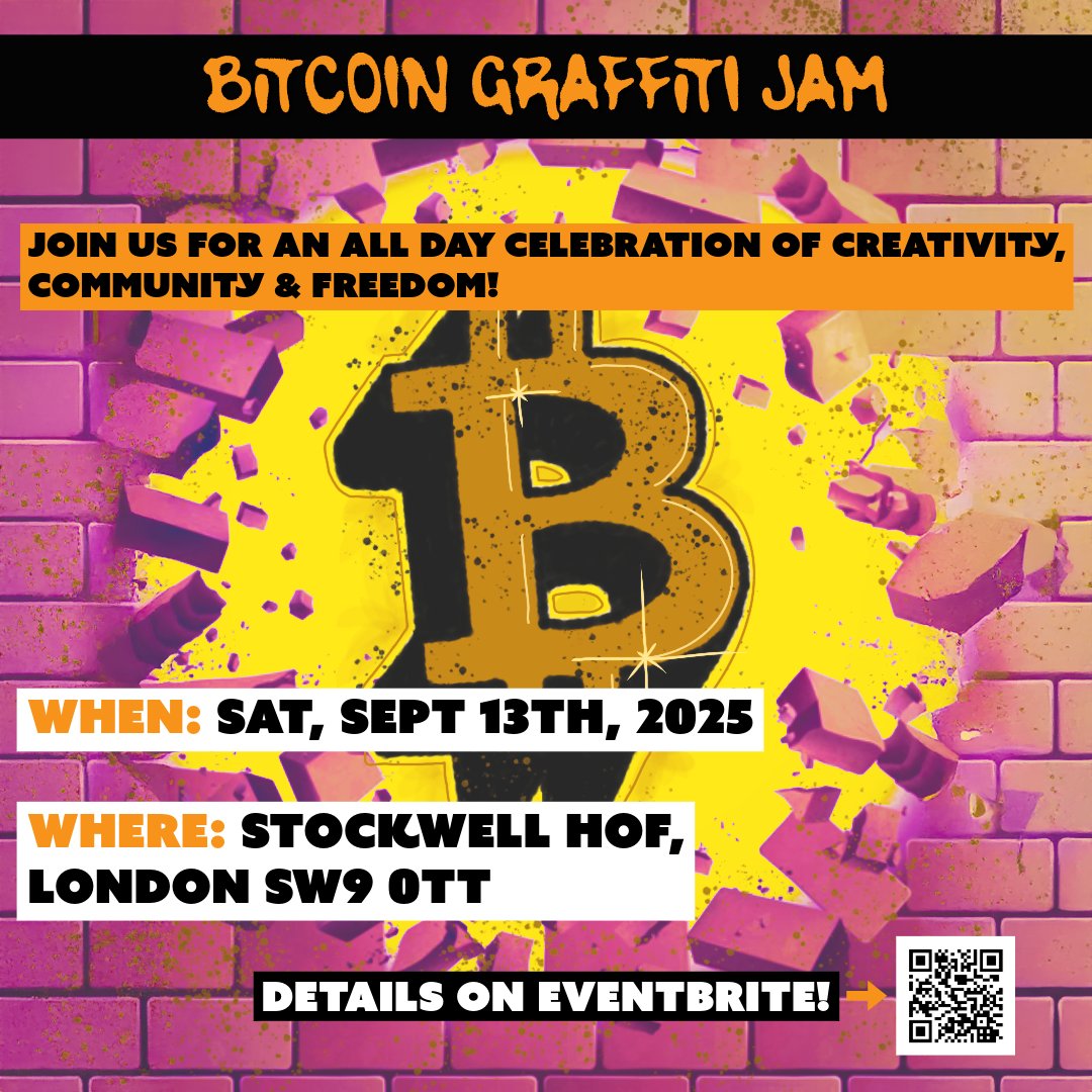 2140ART_'s tweet image. 🚨New Date Set!!🚨
We finally secured a new date and space for the 2140Art Bitcoin Graffiti Jam! 🎨
🗓️ When: Saturday, September 13th, 2025
📍 Where: Stockwell Hall Of Fame, London SW9 0TT
ℹ️ Full details: eventbrite.co.uk/e/129197885653…
See you there! 🫡