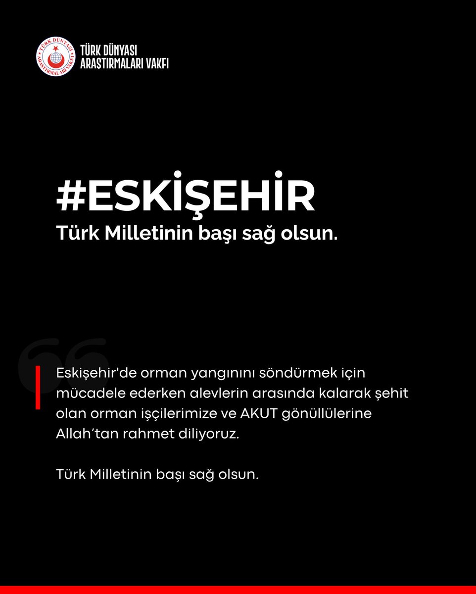 Eskişehir'de orman yangınını söndürmek için mücadele ederken alevlerin arasında kalarak şehit olan orman işçilerimize ve AKUT gönüllülerine Allah’tan rahmet diliyoruz.

Türk Milletinin başı sağ olsun.