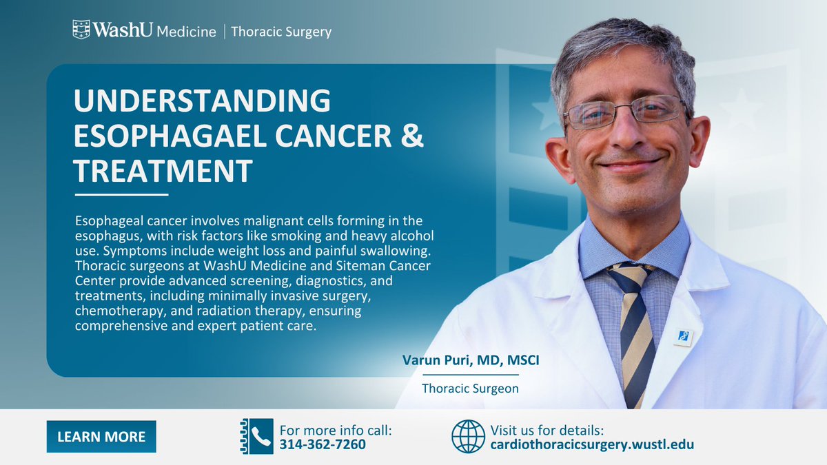 WashU_CT's tweet image. Esophageal cancer affects the tissues of the esophagus with symptoms like weight loss and painful swallowing. Get expert care from WashU Medicine and Siteman Cancer Center.
Request your appointment today: bit.ly/3TfvN0O
#WashUMedicine #WashUSurgery @TsuyoshiKaneko1