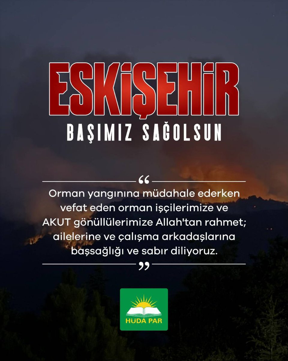 İnnâ lillâhi ve innâ ileyhi raciun. 

#Eskişehir’in Seyitgazi ilçesinde başlayan orman yangınına müdahale ederken alevlerin arasında kalan 5 orman işçimiz ve 5 AKUT gönüllümüzü kaybetmenin derin üzüntüsünü yaşıyoruz.

Fedakârca görev yaparken can veren kahraman kardeşlerimize
