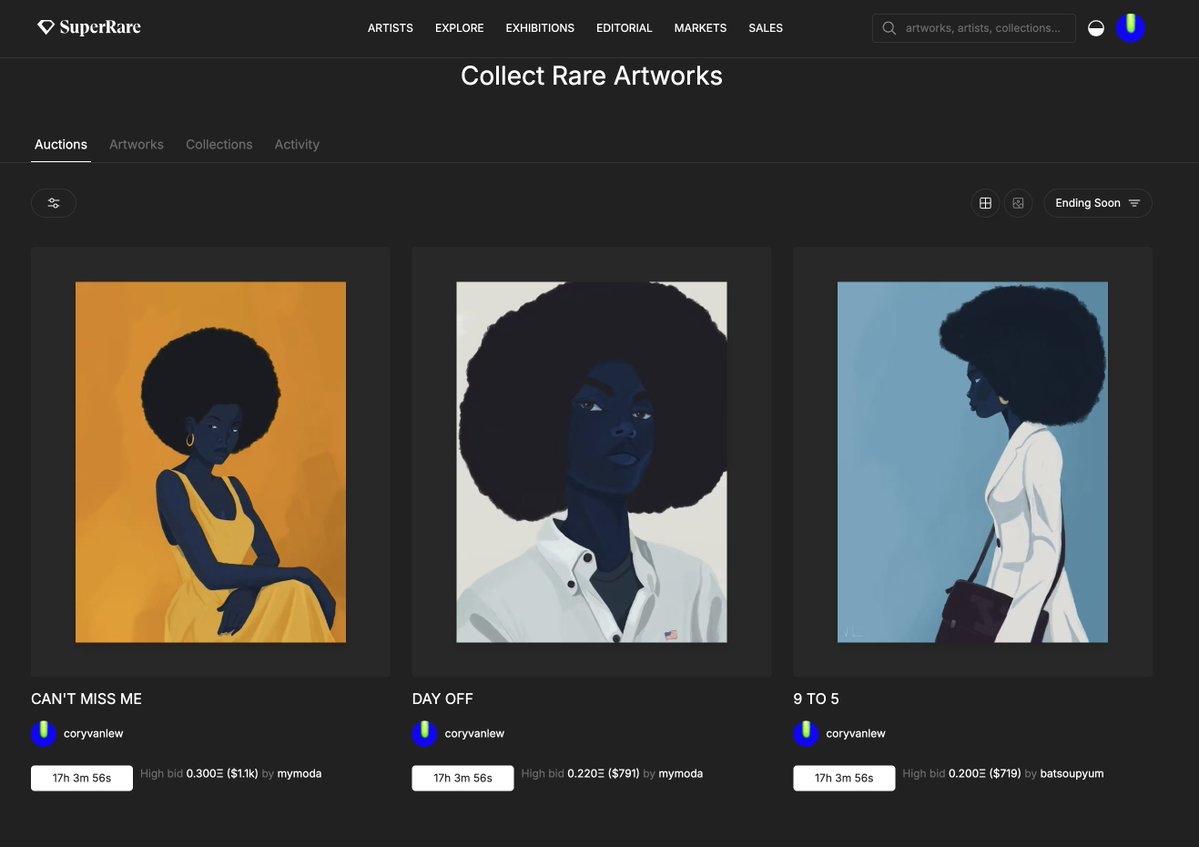 coryvanlew's tweet image. These three pieces are the first things you see on the SR explore page. 👀
Good luck to all the bidders.
Link in bio