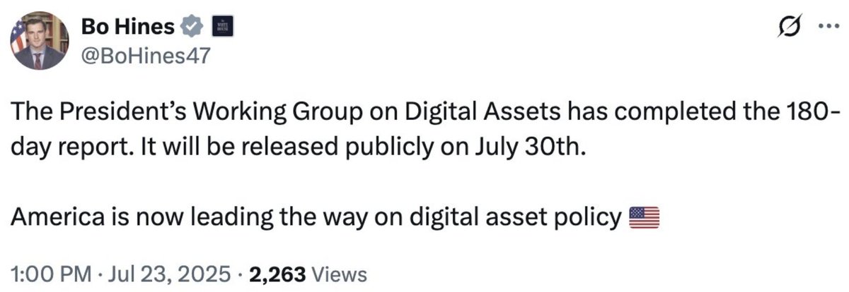 JUST IN: Bo Hines says the President’s Working Group on Digital Assets will release its 180-day report on July 30, positioning the U.S. as a leader in digital asset policy.