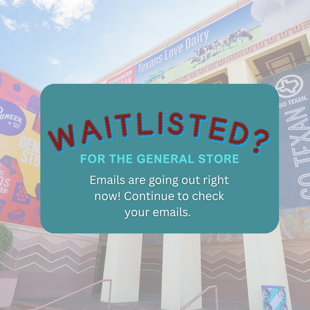 GOTEXAN's tweet image. If you were placed on the waitlist for a spot in the GO TEXAN Pavilion at the State Fair of Texas-- Commissioner Sid Miller says to hang tight! 🎡
Spots may still open up, so be sure to keep an eye on your email!
#GOTEXAN #StateFairofTexas #GOTEXANPavilion