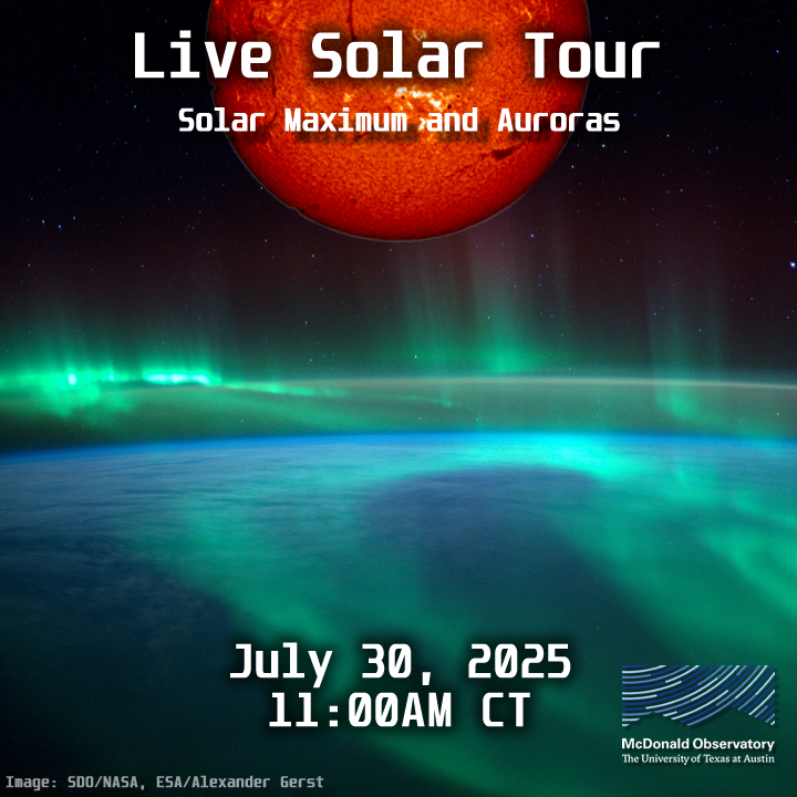 McDonald Observatory (@mcdonaldobs) on Twitter photo 🌞 Explore the Sun with <a href="/mcdonaldobs/">McDonald Observatory</a> in our July livestream - All about the Sun!
Weather permitting, we'll show you live views of the Sun, discuss its cycle, how it creates auroras on Earth, and much more.
Hope you can join us!
ow.ly/PUub50Wueuv
#livestream #solar #auroras 🌞 Explore the Sun with <a href="/mcdonaldobs/">McDonald Observatory</a> in our July livestream - All about the Sun!
Weather permitting, we'll show you live views of the Sun, discuss its cycle, how it creates auroras on Earth, and much more.
Hope you can join us!
ow.ly/PUub50Wueuv
#livestream #solar #auroras