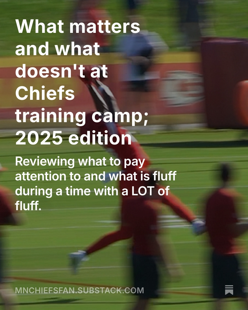 RealMNchiefsfan's tweet image. It's training camp season!
I wrote about what matters, what doesn't, and how to sift through all the fluff to get to useful information as we get Chiefs football back in our lives.
It's an important reminder I make every year, and then ignore.
🔗- mnchiefsfan.substack.com/p/what-matters…