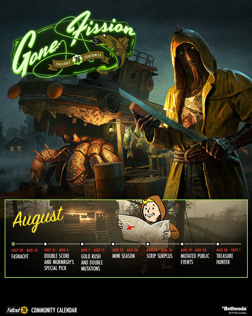 August's Community Calendar is here! Get ready for Fasnacht and a new mini season, Marshal Mallow's Marvelous Fishing Excursion. #Fallout76