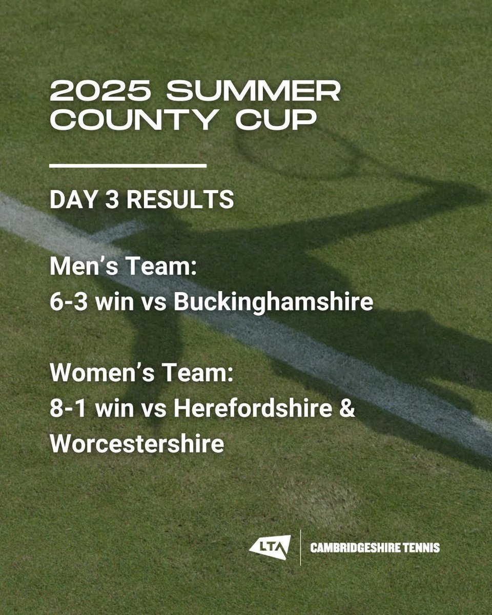 🎾 County Cup | Day 3 Recap 🎾

Another strong day for Team Cambs! 💪

🔥 Men edge Bucks 6–3 — 2nd on rubbers, tight at the top!
🎯 Women cruise past H&amp;W to top Group 5

Let’s keep it rolling — Come on Cambs! 💙💛
#CambsTennis #CountyCupTennis #UpTheBridge