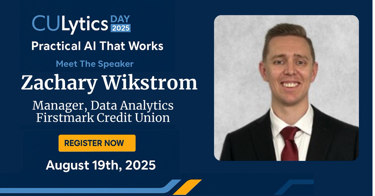CULytics (@culytics) on Twitter photo 🎙️ Excited to welcome Zachary Wikstrom, Manager of Data Analytics at <a href="/FirstmarkCU/">Firstmark CU</a> to #CULyticsDay2025! Join us Aug 19 to hear how he’s transforming data, AI, and governance strategy.
🔗 Save your spot: zurl.co/7Sacr
#CreditUnions #DataAnalytics #AIintegration 🎙️ Excited to welcome Zachary Wikstrom, Manager of Data Analytics at <a href="/FirstmarkCU/">Firstmark CU</a> to #CULyticsDay2025! Join us Aug 19 to hear how he’s transforming data, AI, and governance strategy.
🔗 Save your spot: zurl.co/7Sacr
#CreditUnions #DataAnalytics #AIintegration