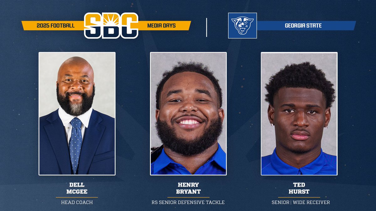 𝗢𝗡 𝗧𝗛𝗘 🎙️. 

Representing <a href="/GeorgiaStateFB/">GSU Football</a> at <a href="/SunBeltFB/">Sun Belt Football</a> Media Days: 

▪️Head Coach <a href="/DellMcGee/">Dell McGee</a>
▪️DL <a href="/HenryBryantIII1/">Henry Bryant III</a>
▪️WR <a href="/treeyyy0/">Ted Hurst.</a>

📺 » sunbelt.me/44YpBQn