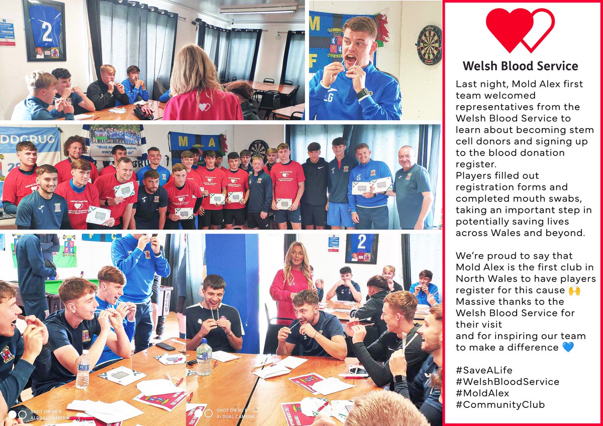 Mold Alex FC (@moldalexfc1929) on Twitter photo Mold Alex players stepped up last night—joining the Welsh Blood Service stem cell register and learning about blood donation 🩸👏 We’re proud to be the first club in North Wales with players registered to save lives. Huge thanks to <a href="/WelshBlood/">Welsh Blood 🏴</a> for inspiring action 💙 Mold Alex players stepped up last night—joining the Welsh Blood Service stem cell register and learning about blood donation 🩸👏 We’re proud to be the first club in North Wales with players registered to save lives. Huge thanks to <a href="/WelshBlood/">Welsh Blood 🏴</a> for inspiring action 💙
