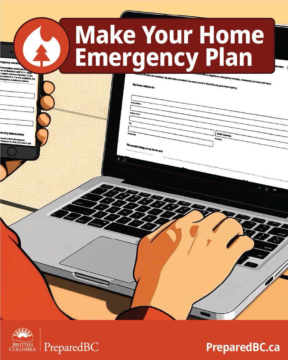PreparedBC's tweet image. Making a plan is an important part of being prepared.
A home emergency plan says how you & the people you live with will respond during an emergency, such as a #BCwildfire 🔥
Get started: PreparedBC.ca/EmergencyReady