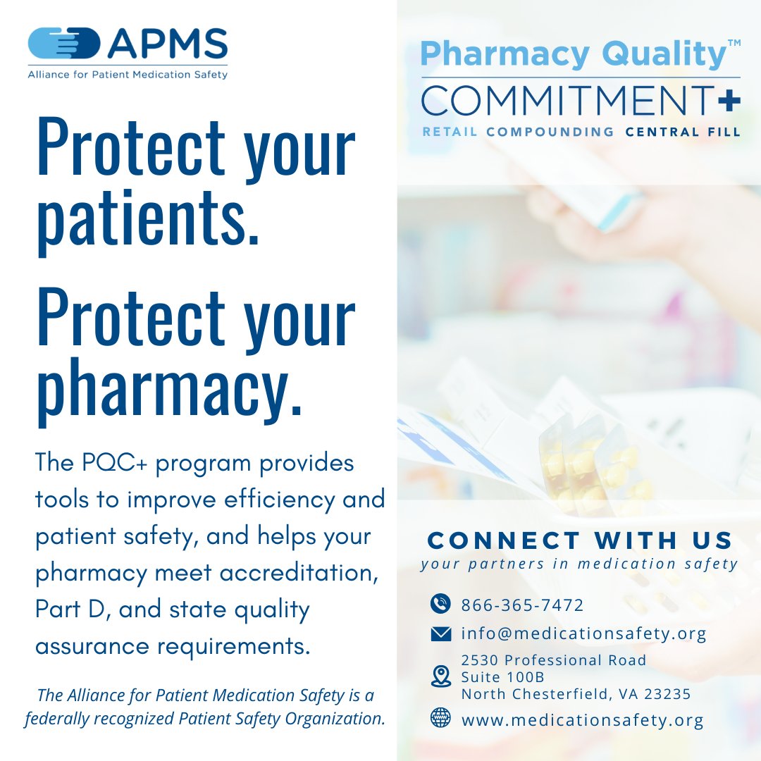Protect your patients. Protect your pharmacy. 💙

The PQC+ program provides tools to improve efficiency and patient safety, and helps your pharmacy meet accreditation, Part D, and state quality assurance requirements.

For more information, visit medicationsafety.org/sign-up or give