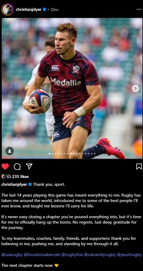 JamDelay's tweet image. .@USARugby Eagle #537 Christian Dyer has announced his retirement on Instagram.
21 tries and 109pts in 51 @usmlr games (48 starts) across 4 seasons for @HOUSaberCats (2022-24) and @RugbyFCLA (2025), and 14 caps for 🇺🇸!
Congratulations, Christian!
#MLRStats #MLR2025 #RFCLA