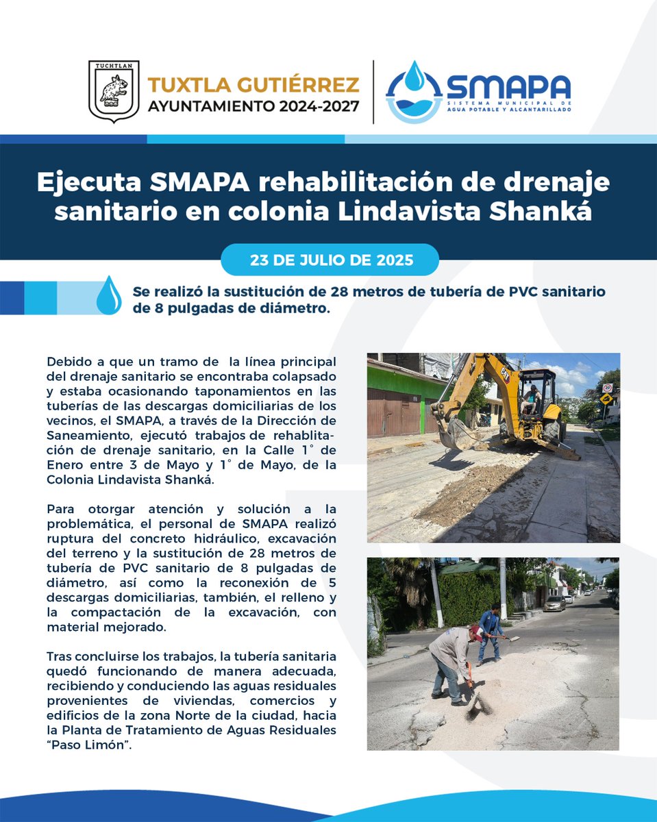 #Boletín
Ejecuta SMAPA rehabilitación de drenaje sanitario en colonia Lindavista Shanká.
