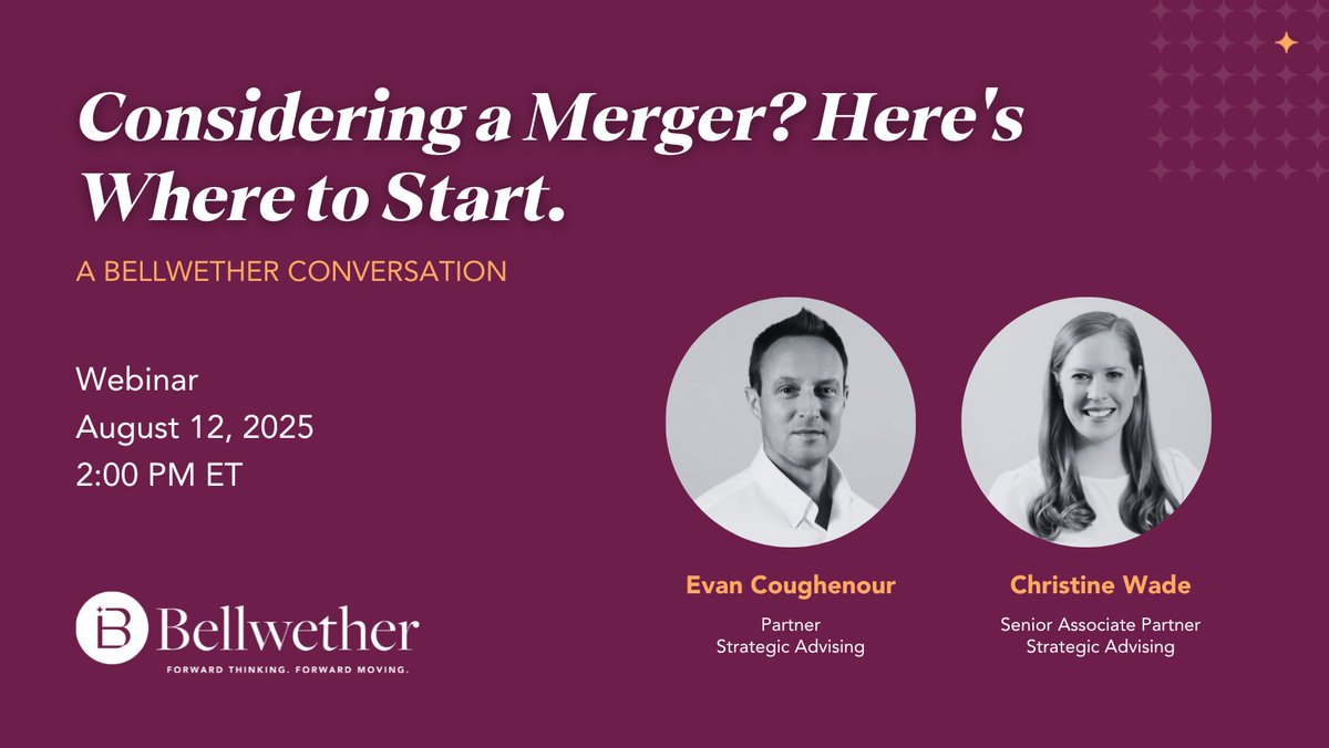 bellwetherorg's tweet photo. Are you (or your organization) considering a merger?

Join us on August 12 for a webinar answering all of your burning questions.

(Link in reply) https://t.co/NpqmP8V68s
