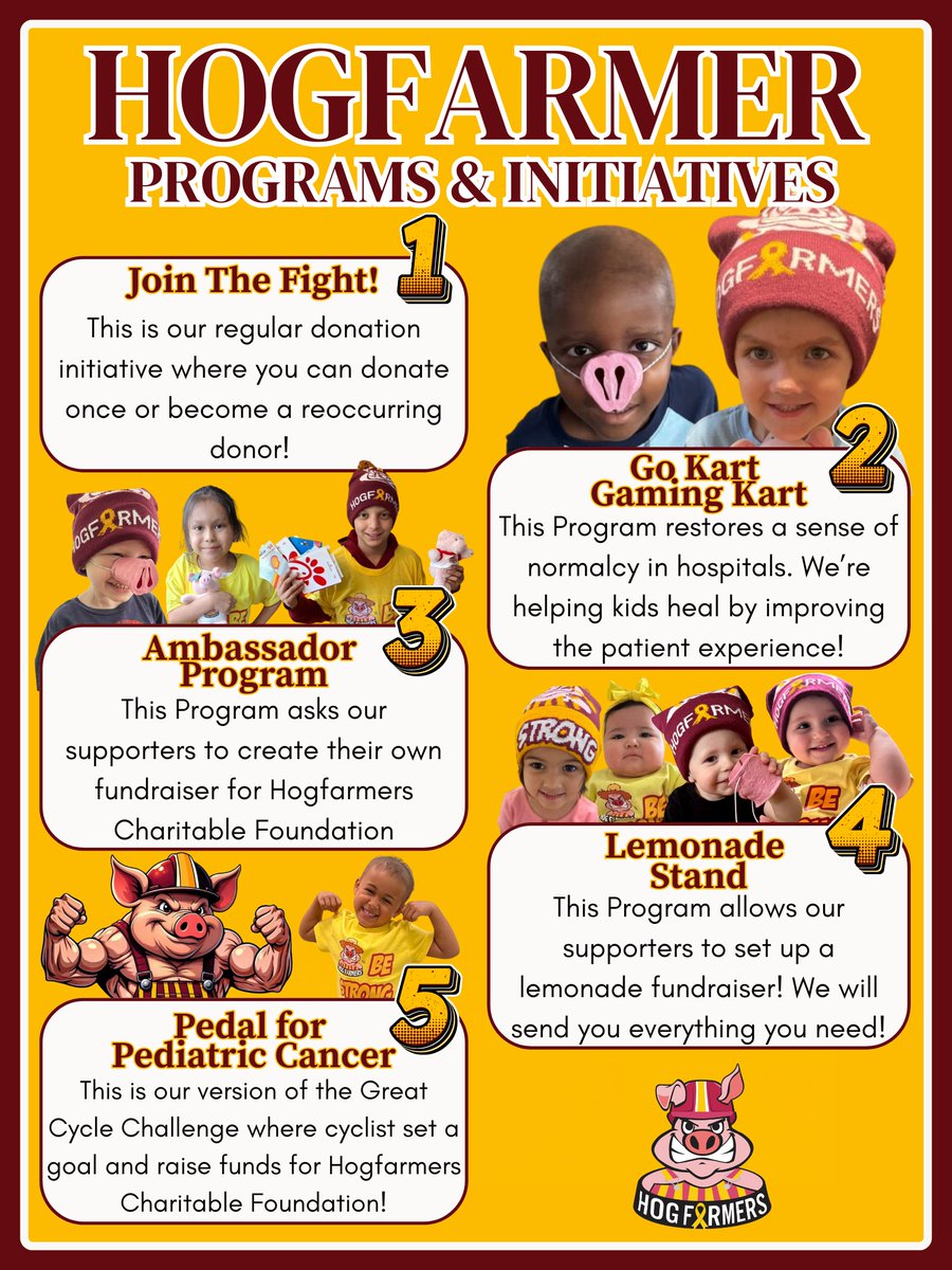 We currently have 5 different initiatives open that you can support!

Join the Fight! 

Go Kart Gaming Kart 

Ambassador Program

Lemonade Stand 

Pedal for Pediatric Cancer

All these initaitives can be accessed via our website at thie link below:

hogfarmerscharity.org/how-do-we-use-…