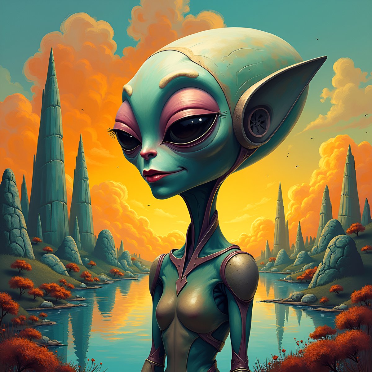 PromptSin's tweet image. When alien chic meets serene sunsets 🌅✨ Who’s ready to explore new worlds? #OuterSpaceVibes #FutureFashion 🚀