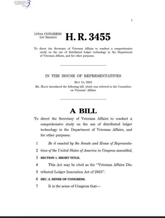 TFTC21's tweet image. Congress introduces bill to study the use of “distributed ledger technology” to modernize Veterans Affairs.
