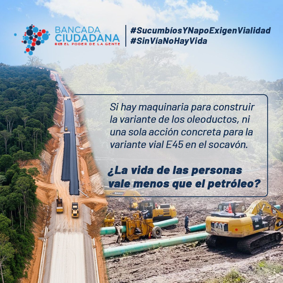 cesarpalack's tweet image. #SucumbíosYNapoExigenVialidad
Sí hay maquinaria para los oleoductos, pero ninguna acción concreta para la variante vial E45. Comunidades siguen incomunicadas, sin energía ni alimentos.
¿Vale más el petróleo que la vida?
¡Exigimos soluciones ya!
#SinVíaNoHayVida