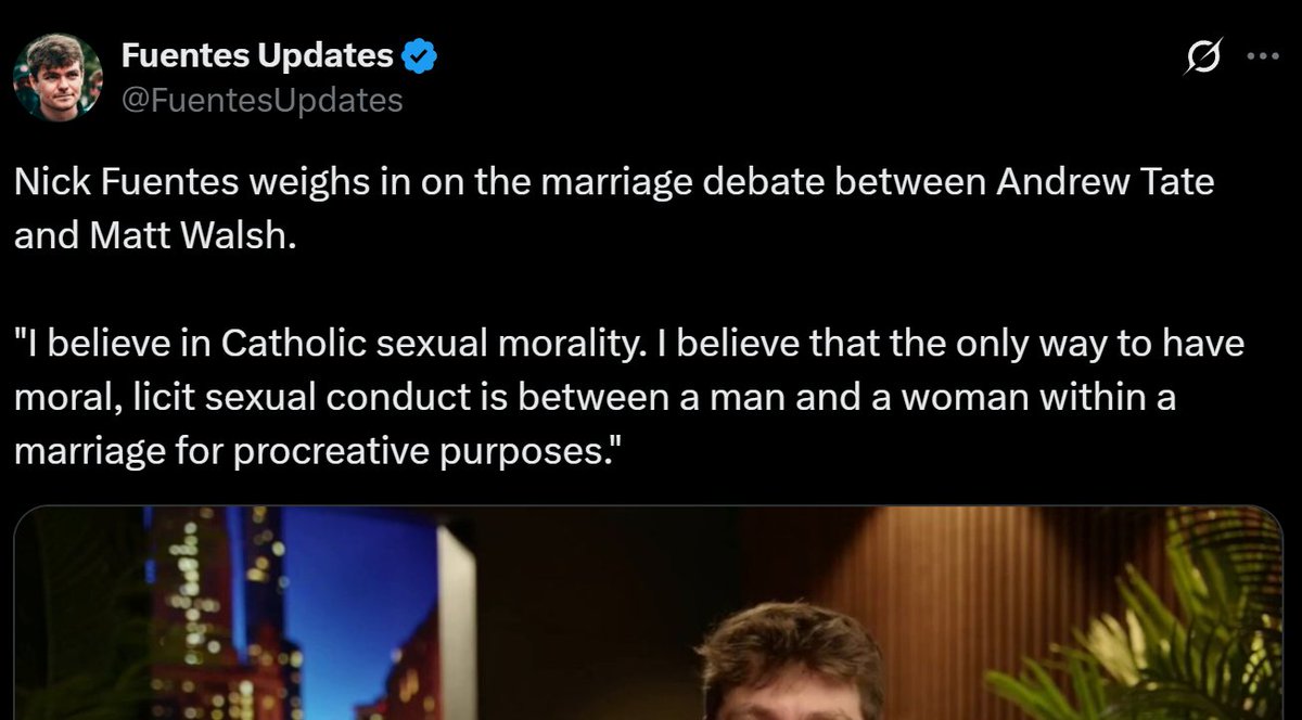 SemperWry's tweet image. At first I thought this said "Fuentes weighs in on the marriage between Andrew Tate and Matt Walsh" and did a double-take.