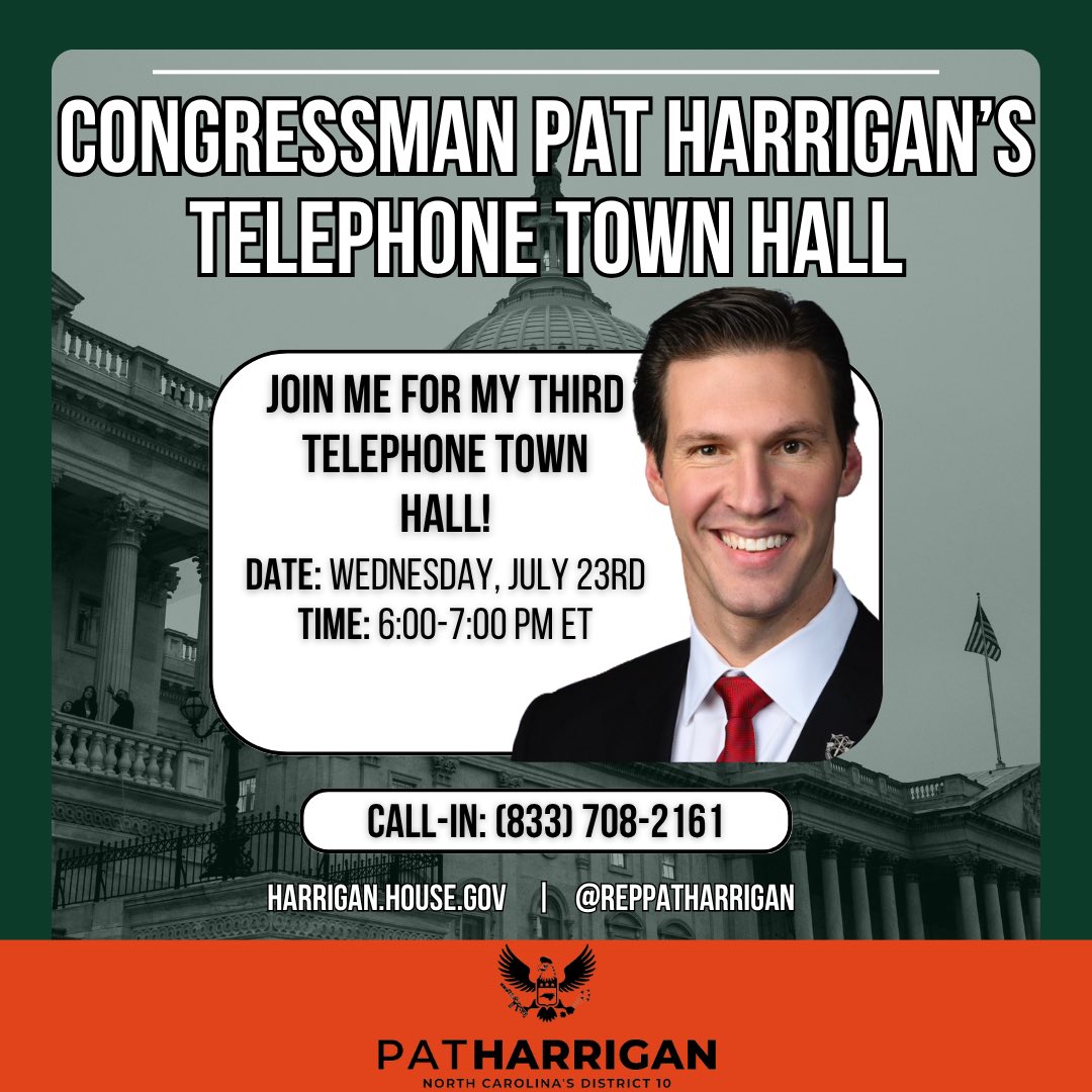 RepPatHarrigan's tweet image. 🚨TONIGHT: My third Telephone
Town Hall is happening at 6 PM ET🚨
Call (833) 708-2161 to join the conversation!