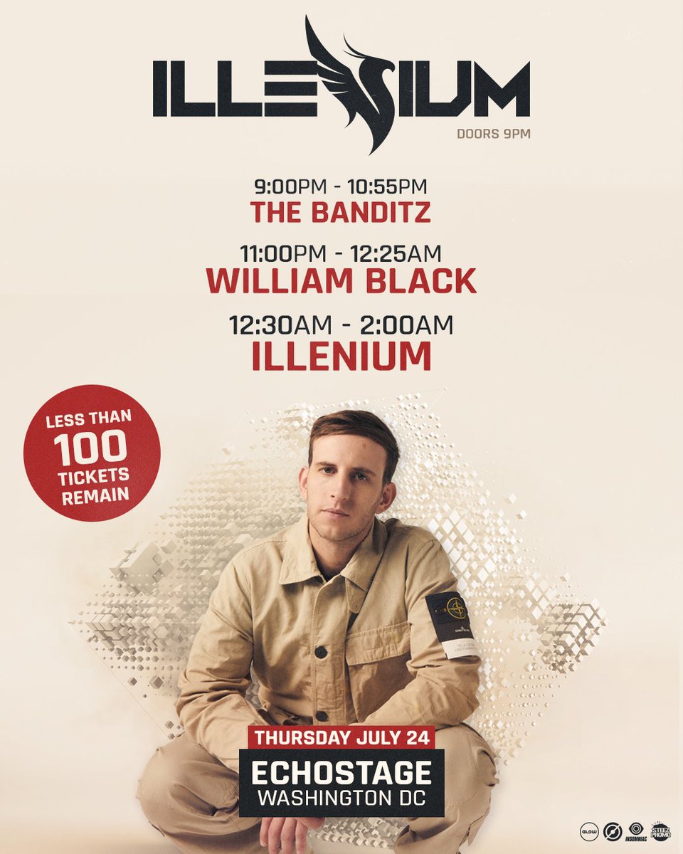 echostage's tweet image. Your set times for @ILLENIUM with support from @itswilliamblack & The Banditz at Echostage ๐๐๐๐๐๐๐๐, ๐/๐๐ are here! ๐
Less than 100 tickets remain for 7/24! Donโt wait, lock in tickets & 2-Day passes at linktr.ee/ILLENIUMECHOSTโฆ