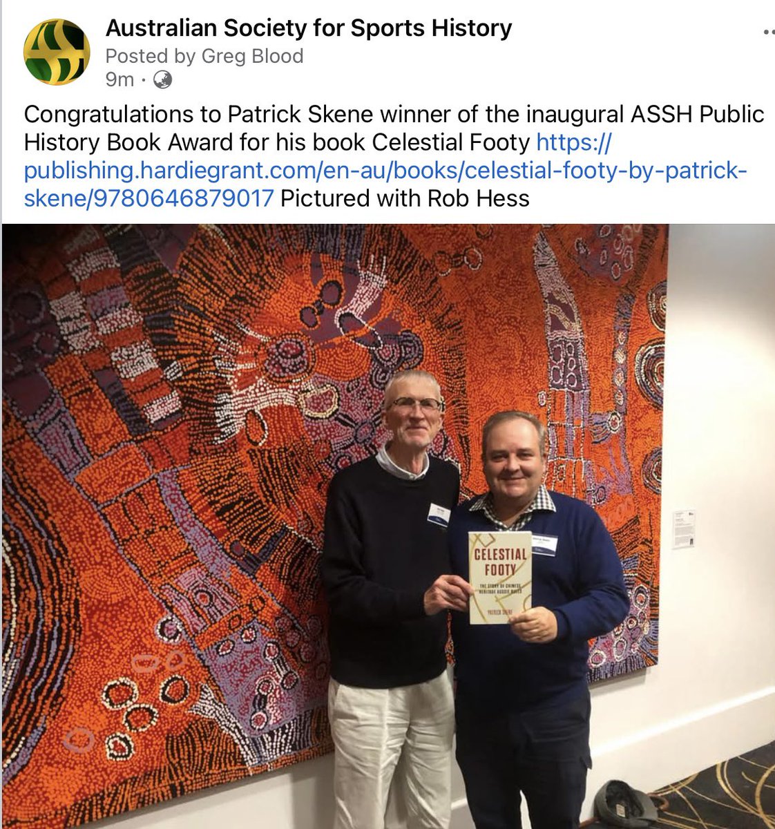Congratulations to Patrick Skene in winning the inaugural ASSH Public History Book Award for Celestial Footy. Pictured with <a href="/SportHistorian/">Rob Hess</a>