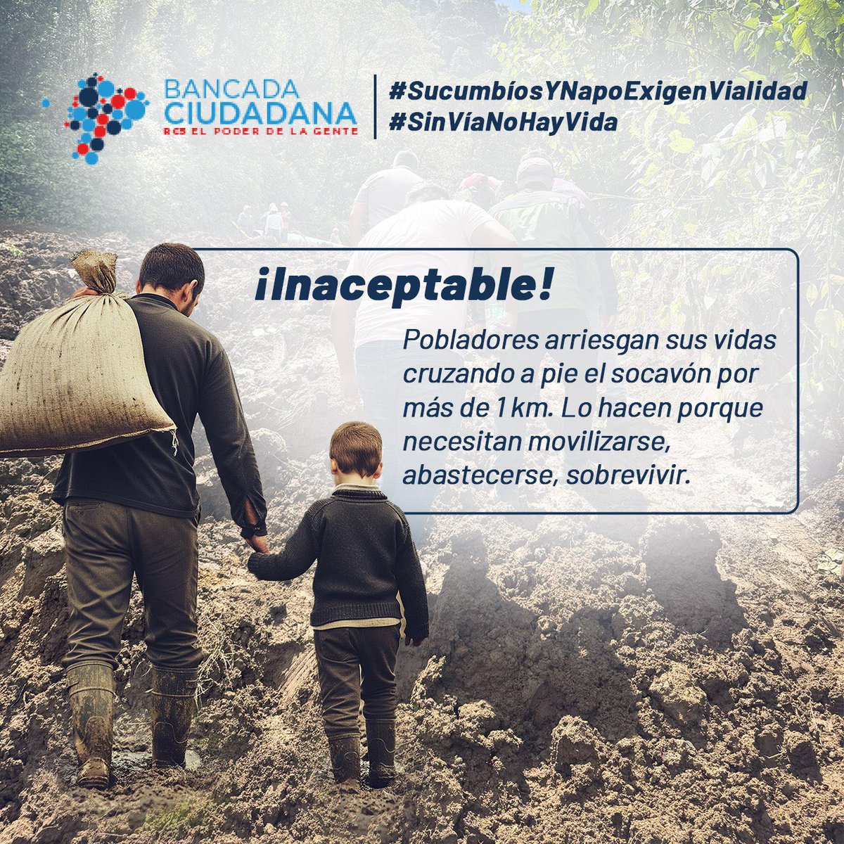 cesarpalack's tweet image. #SucumbíosYNapoExigenVialidad
¡Inaceptable! Pobladores de El Reventador y Gonzalo Díaz de Pineda cruzan a pie más de 1 km de socavón para sobrevivir. No hay ayuda ni soluciones.
¡Exigimos un paso peatonal seguro ya! Esto es una emergencia humana.
#SinVíaNoHayVida