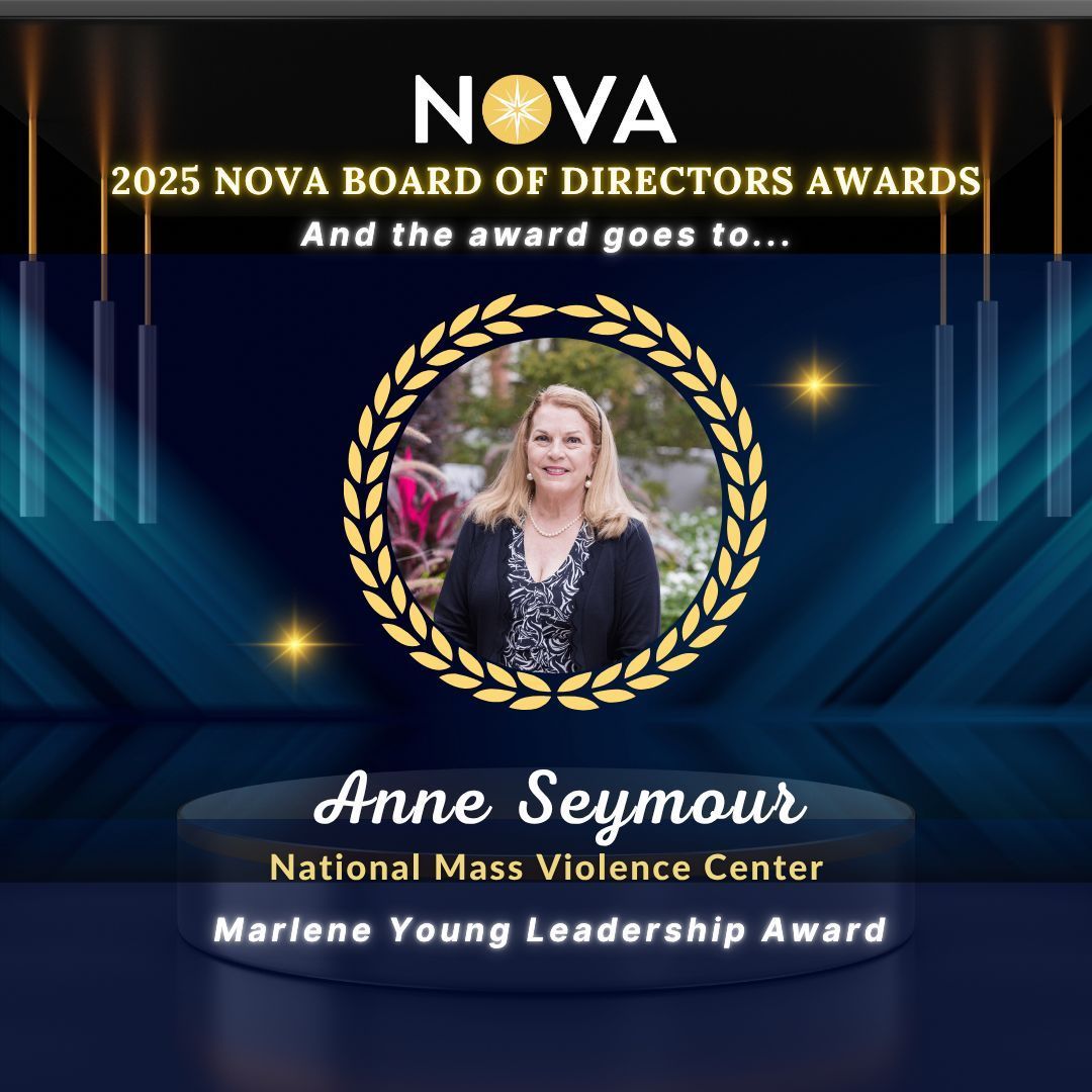 National Mass Violence Center (@nmvvrc) on Twitter photo Congratulations to our own Anne Seymour (<a href="/justicesister/">Anne Seymour</a>) for being given The Marlene Young Leadership Award today by @NOVAdvocacy, which recognizes outstanding contributions to the victims’ movement by a program manager, state administrator, or related professional. Congratulations to our own Anne Seymour (<a href="/justicesister/">Anne Seymour</a>) for being given The Marlene Young Leadership Award today by @NOVAdvocacy, which recognizes outstanding contributions to the victims’ movement by a program manager, state administrator, or related professional.