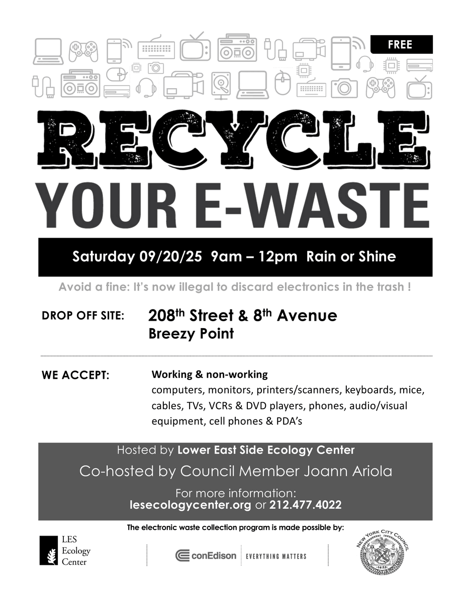 JoannAriola32's tweet image. 𝐒𝐀𝐕𝐄 𝐓𝐇𝐄 𝐃𝐀𝐓𝐄
Our next e-waste recycling event is going to be in Breezy Point on Sept. 20! See the flyer below for more info