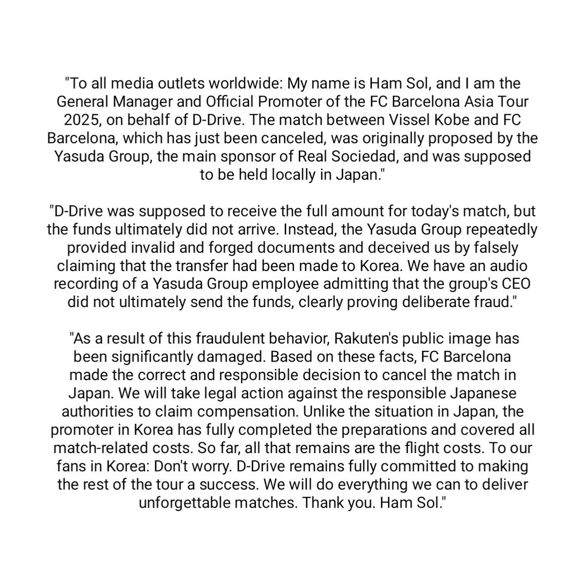 BarcaVerse_'s tweet image. 🚨✅ OFFICIAL Satement from the organizing company of Barcelona's Tour in Korea and Japan blaming Yasuda group for not paying money and alleging to forge documents.