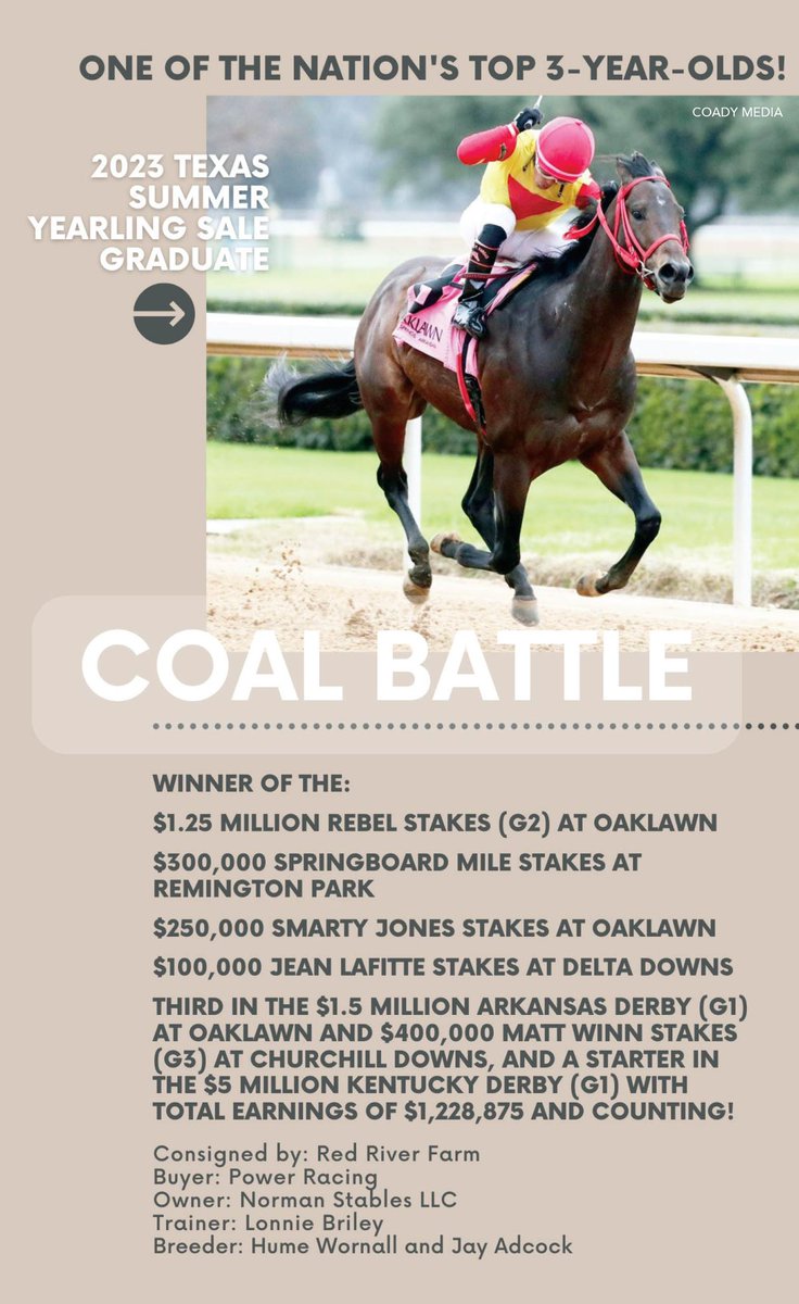 Texas Thoroughbred (@ttatexas) on Twitter photo NEWS: The Texas Summer Yearling Sale will showcase a record number of offerings on August 26 starting at 10 a.m. Central at the Mary Ruyle Thoroughbred Sales Pavilion on the grounds of <a href="/lonestarpark/">Lone Star Park</a> near Dallas.
Story: ttasales.com/yearling-sale/… NEWS: The Texas Summer Yearling Sale will showcase a record number of offerings on August 26 starting at 10 a.m. Central at the Mary Ruyle Thoroughbred Sales Pavilion on the grounds of <a href="/lonestarpark/">Lone Star Park</a> near Dallas.
Story: ttasales.com/yearling-sale/…