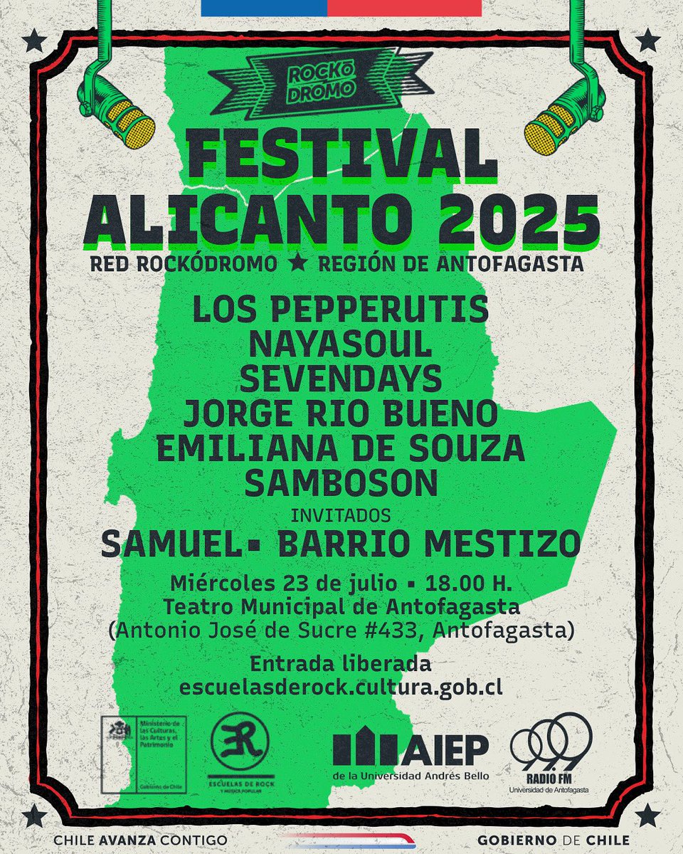 📣 HOY: Desde las 18:00 horas en Teatro Municipal de Antofagasta celebramos los 10 años del Festival Alicanto y se elegirá a quien representará a la región en Rockódromo 2025. 

Entrada 🎫 liberada

¡Te esperamos!